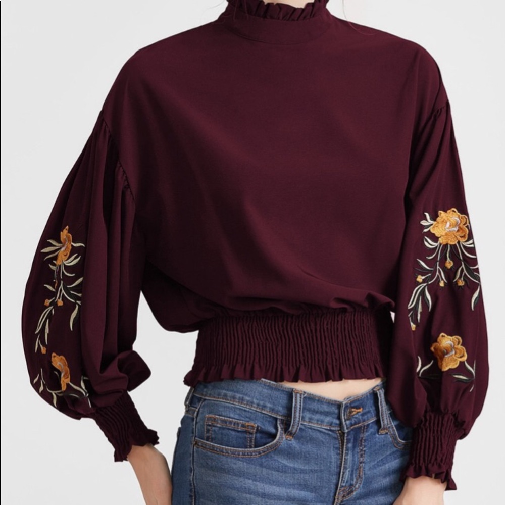 Embroidery Lantern Sleeve Shirred Hem Blouse
